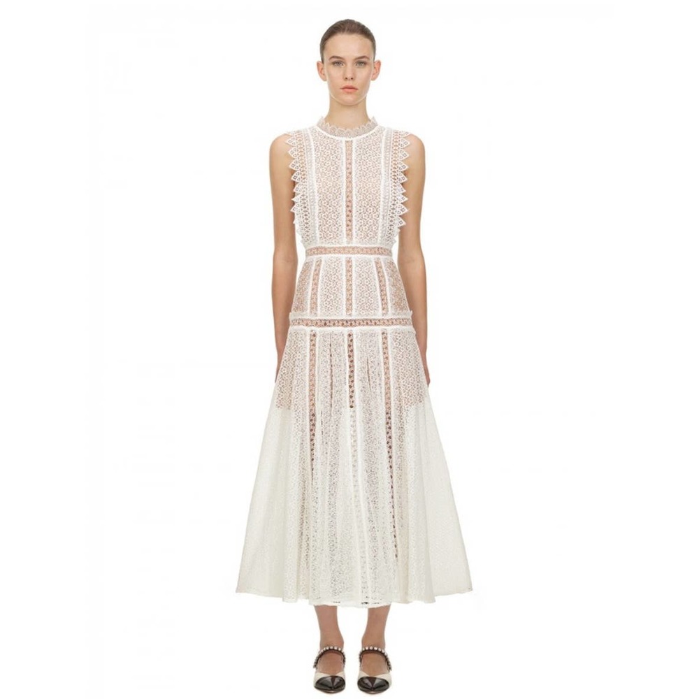 Self-Portrait White Lace Panel Midi Dress